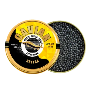 Osetra caviar tin beside an open tin of amber-dark Acipenser gueldenstaedtii pearls, Halal-certified Azerbaijani caviar