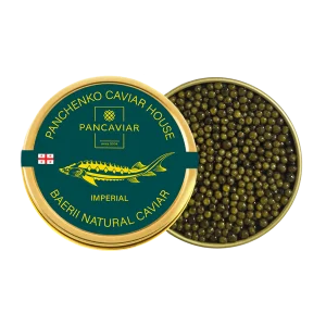 Panchenko Imperial Baerii caviar: closed tin beside an open tin of golden-olive sturgeon caviar pearls