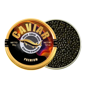Caviar Premium — Georgian Siberian sturgeon caviar, open tin with dark glossy pearls